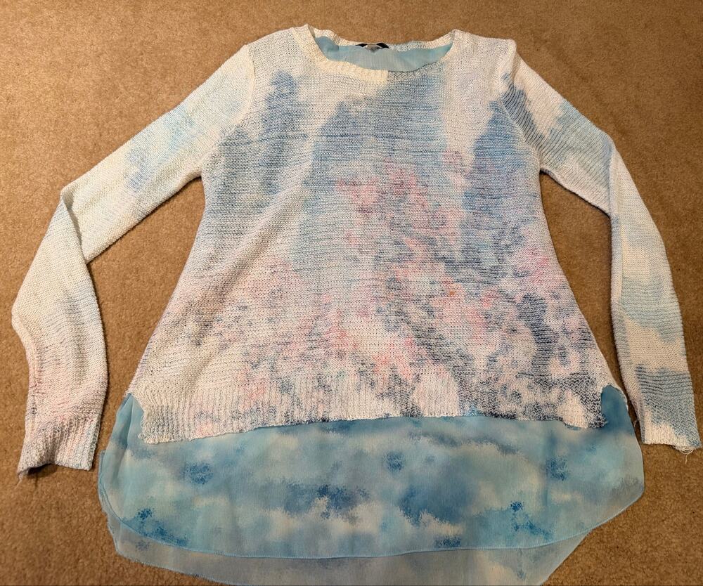 Sioni Mixed Media Knit Sweater Women's Medium Blue White Tie Dye Chiffon Hem